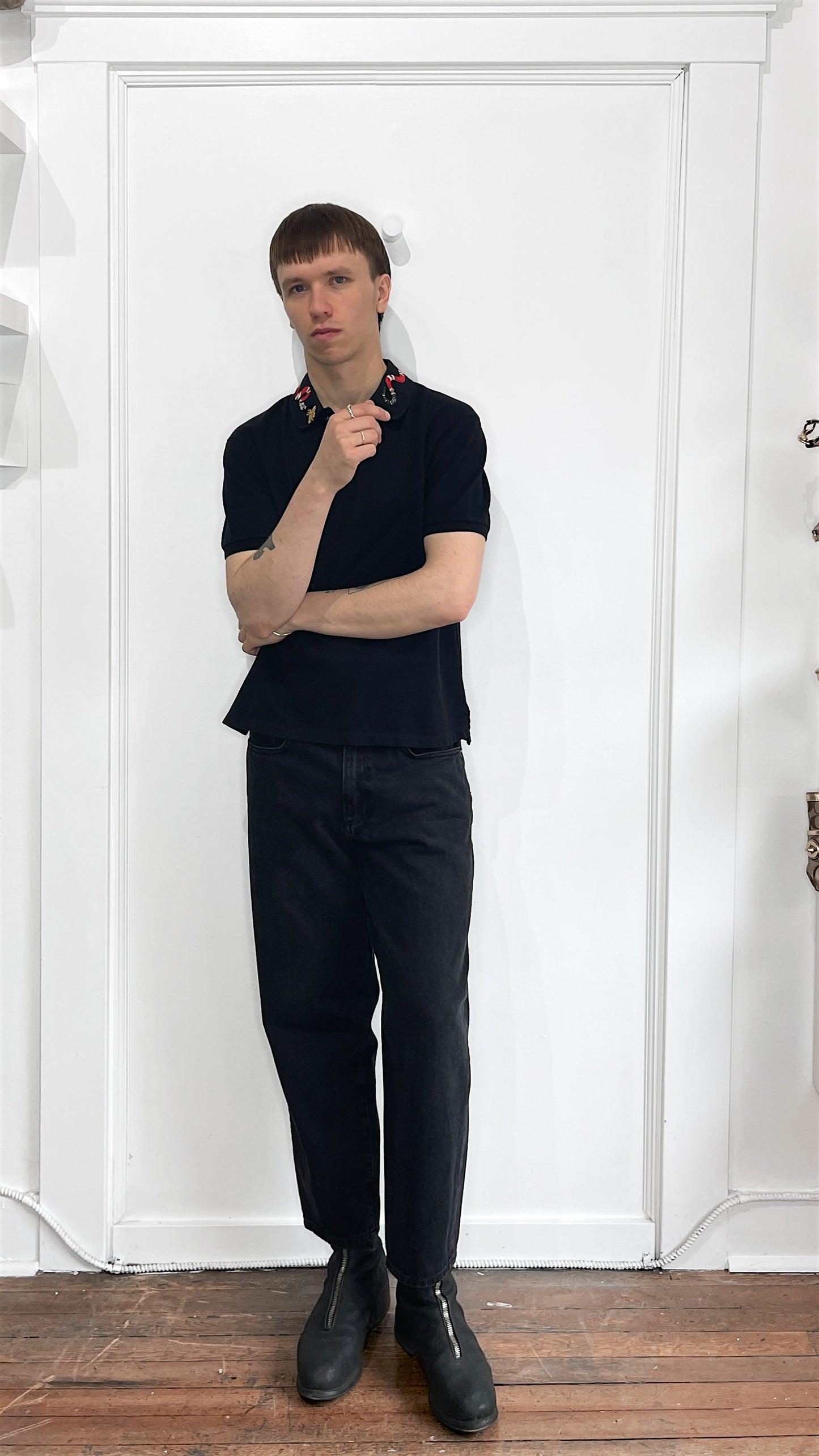 Gucci Black Cotton Pique Snake Collar Polo Shirt Large