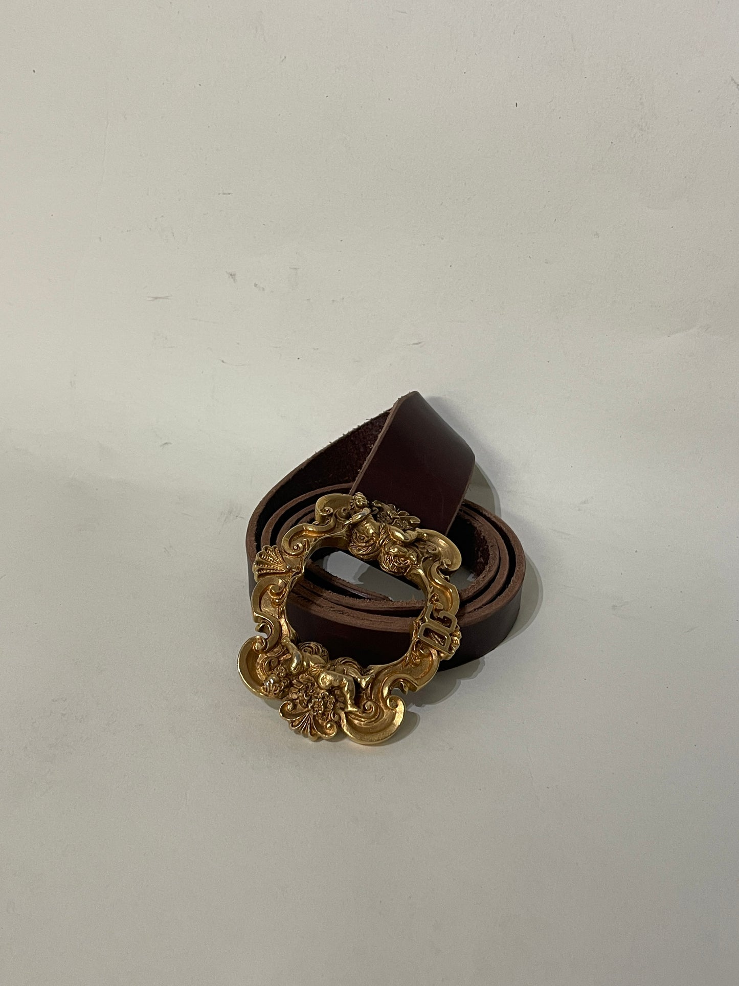 Dolce & Gabbana Brown Leather & Gold Baroque Frame Belt 40