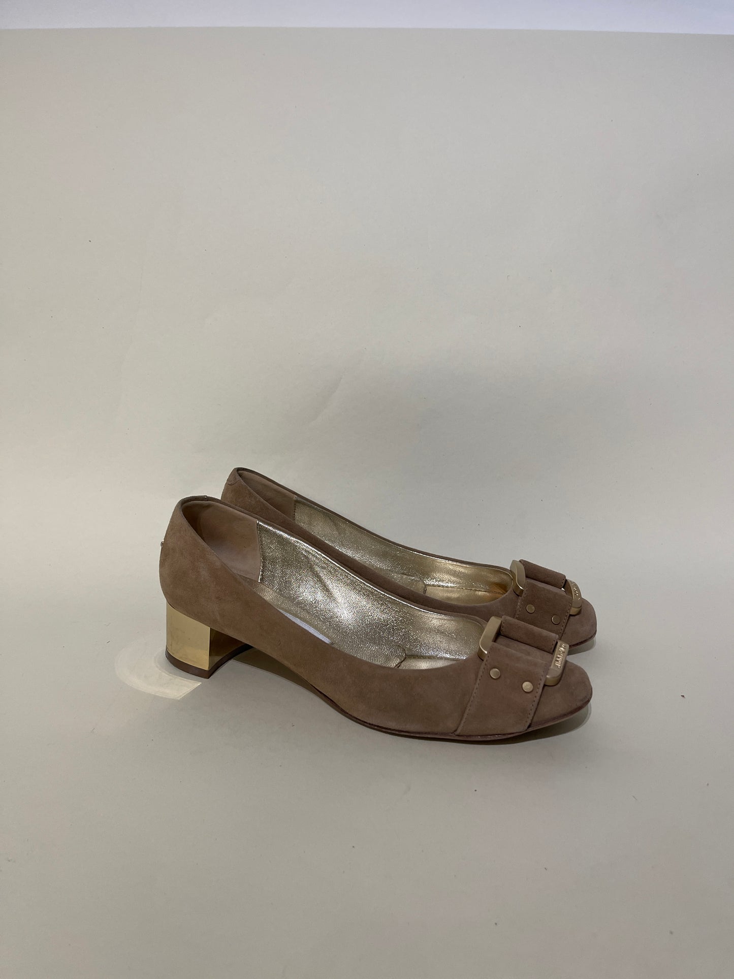 Jimmy Choo Beige Suede Buckle Front Block Heel Pumps 5 M / 6.5 W