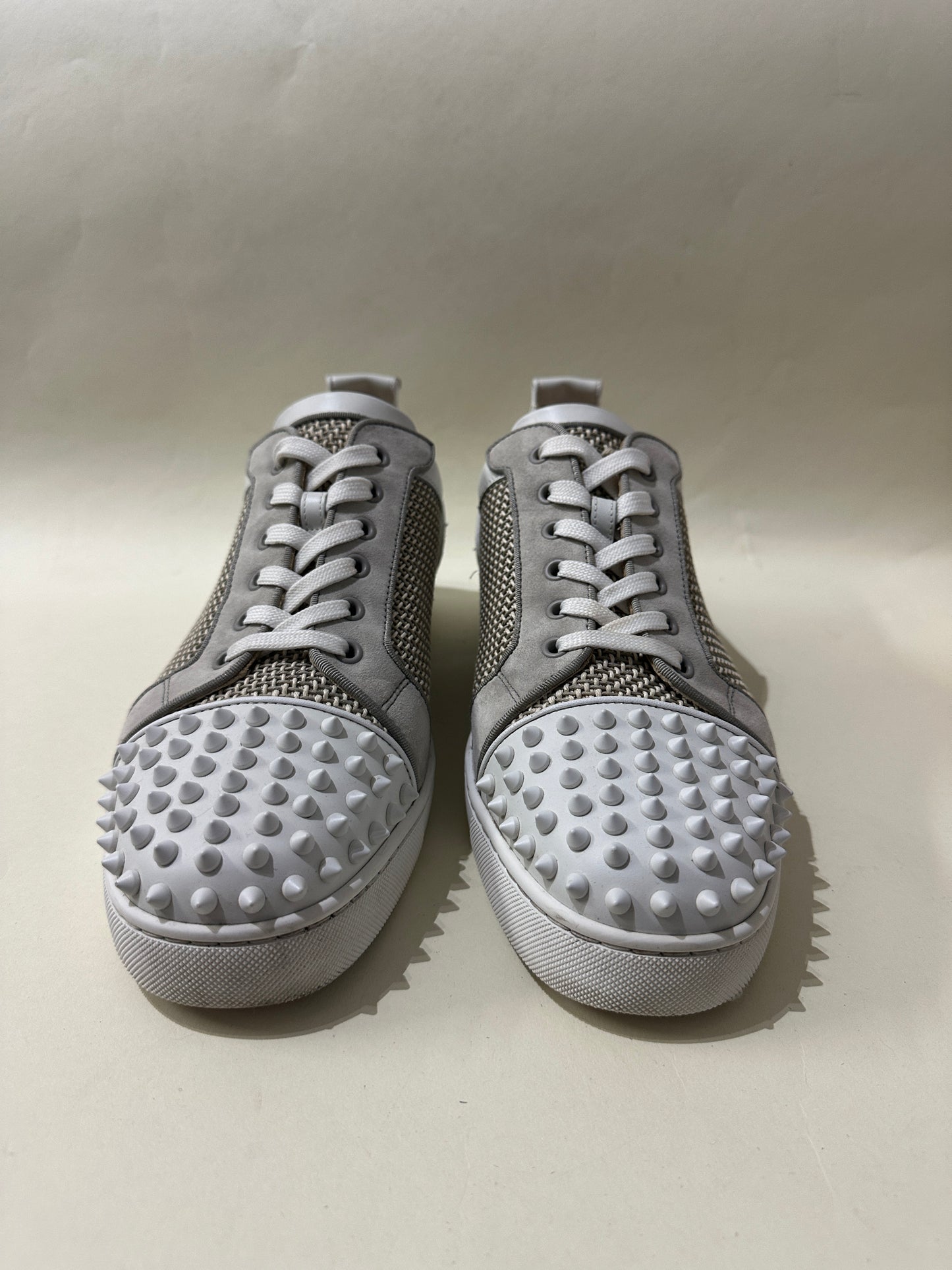 Christian Louboutin White & Beige Woven Louis Junior Spikes Sneakers 12 M / 13.5 W