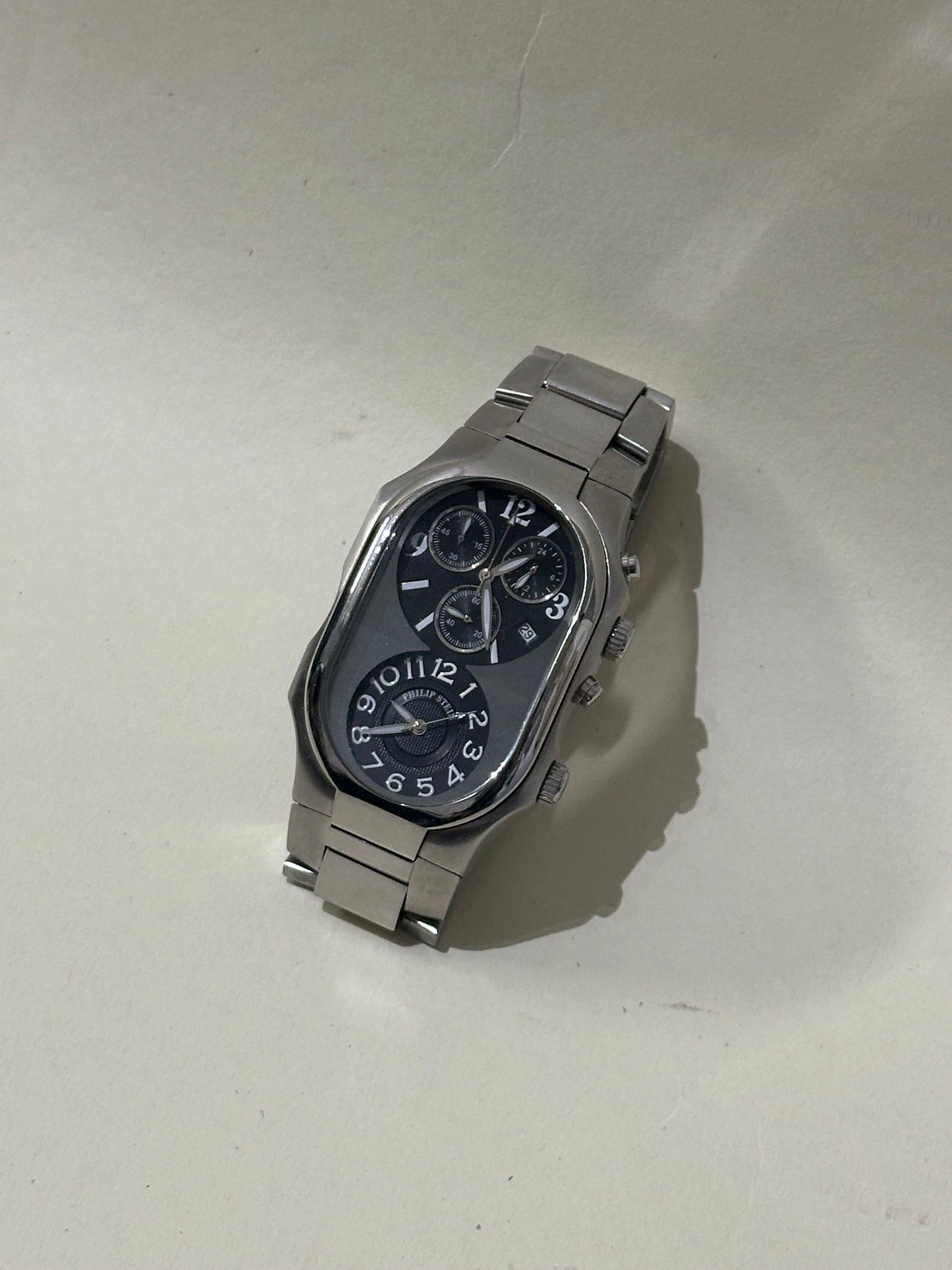 Philip Stein Silver & Black Teslar Quartz Dual Time Watch