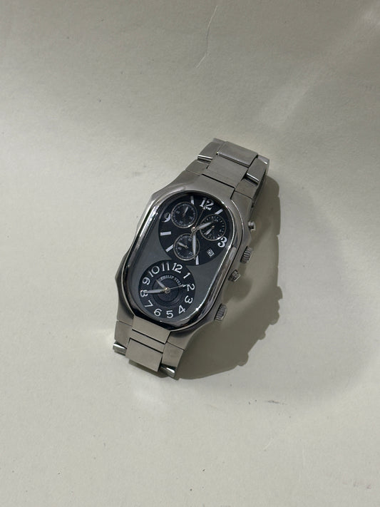 Philip Stein Silver & Black Teslar Quartz Dual Time Watch