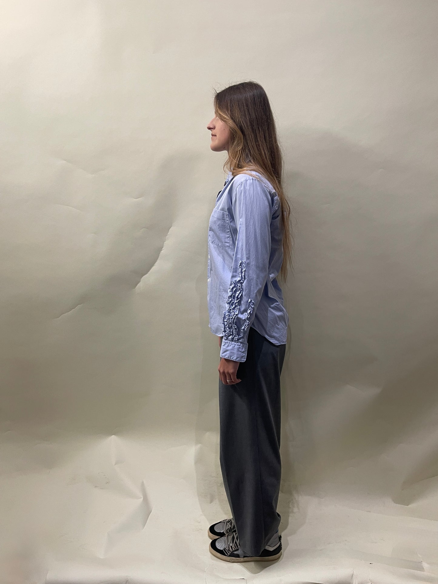 Comme Des Garcons Homme Plus Light Blue Cotton Ruffled Sleeve LS Button Up Extra Small - XS