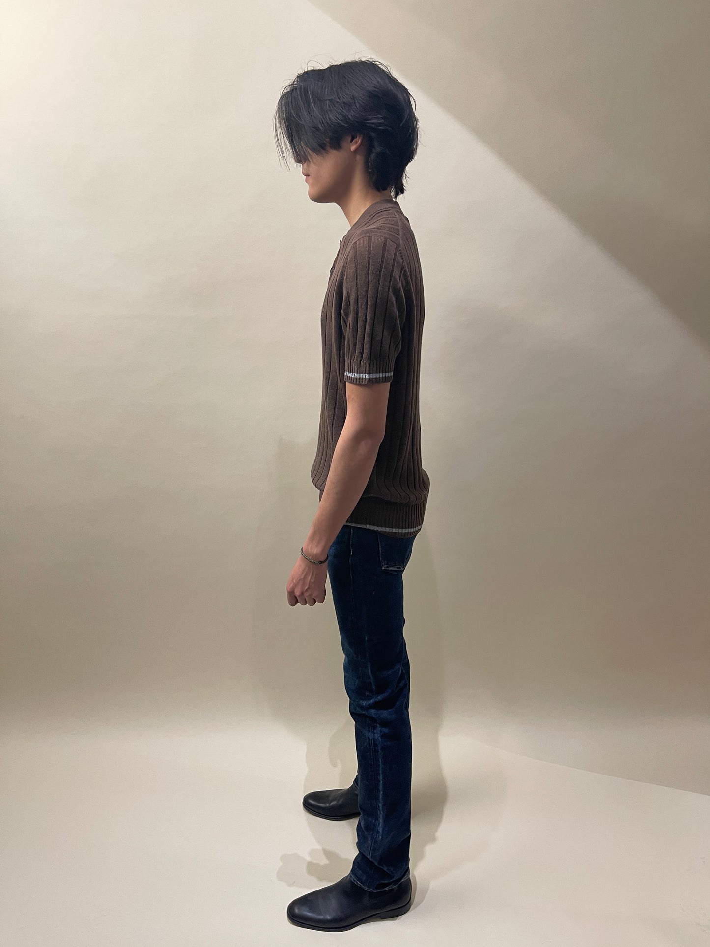 Brunello Cucinelli Dark Brown Cotton Ribbed Knit Crewneck SS Henley 40