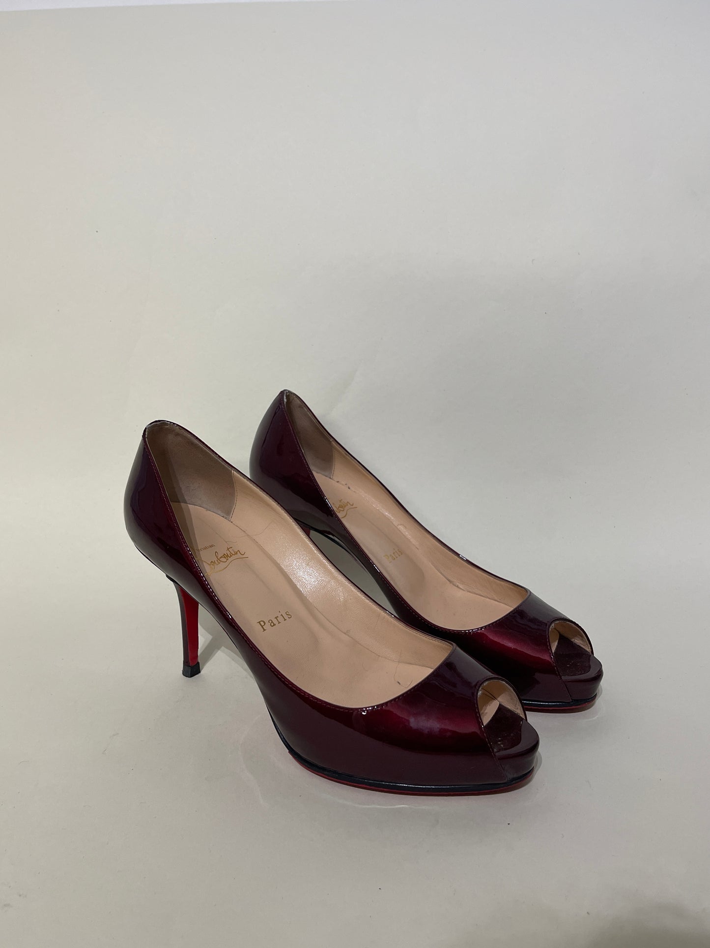 Christian Louboutin Dark Burgundy Patent Leather Prive Peep Toe Pumps 7 M / 8.5 W
