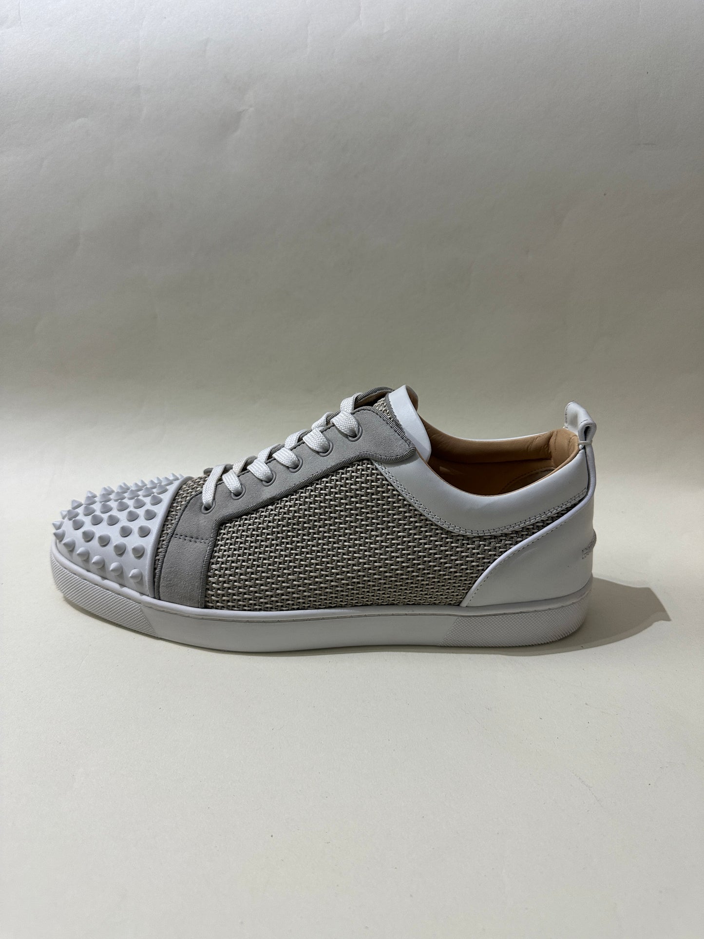 Christian Louboutin White & Beige Woven Louis Junior Spikes Sneakers 12 M / 13.5 W