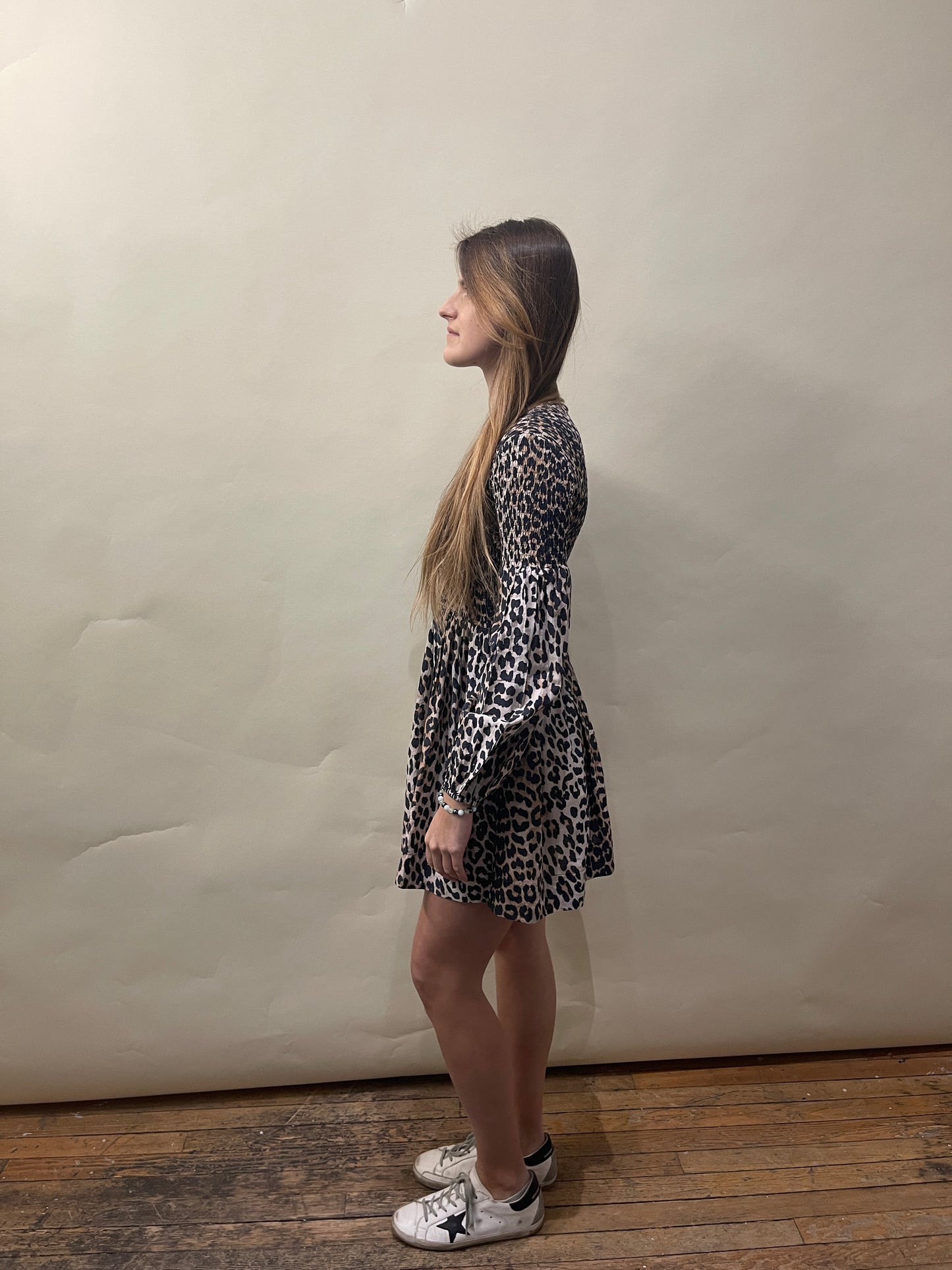 Ganni Leopard Print Cotton Silk Long Sleeve Midi Dress 34