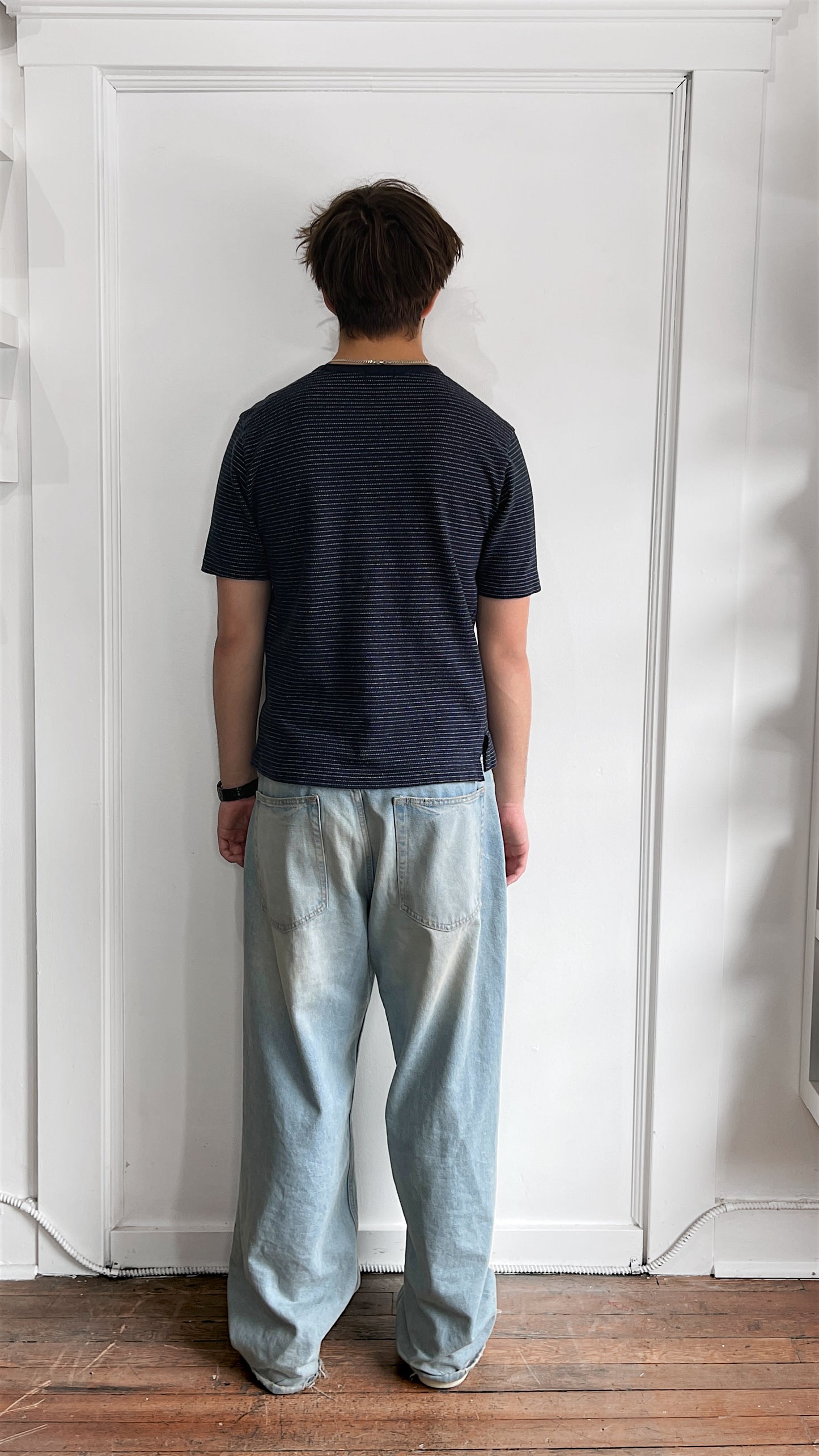 Nanamica Navy Blue & White Birdseye Stripe T-Shirt Medium