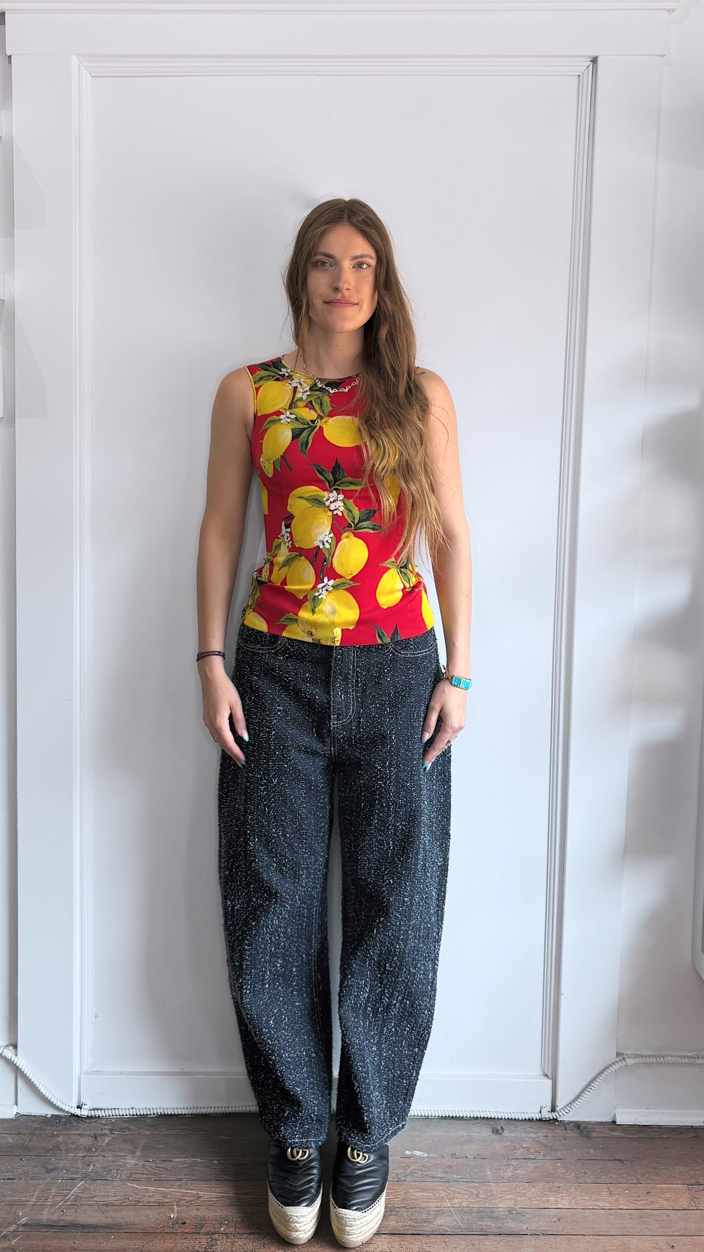 Dolce & Gabbana Red & Yellow Lemon Motif Silk Blend Tank Top Medium