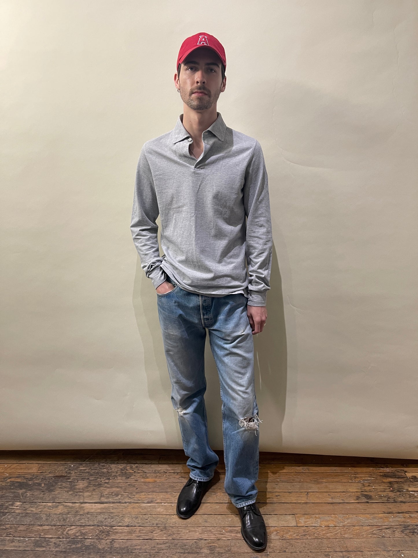 Loro Piana Light Grey Cotton Pique LS Polo Shirt Small - S