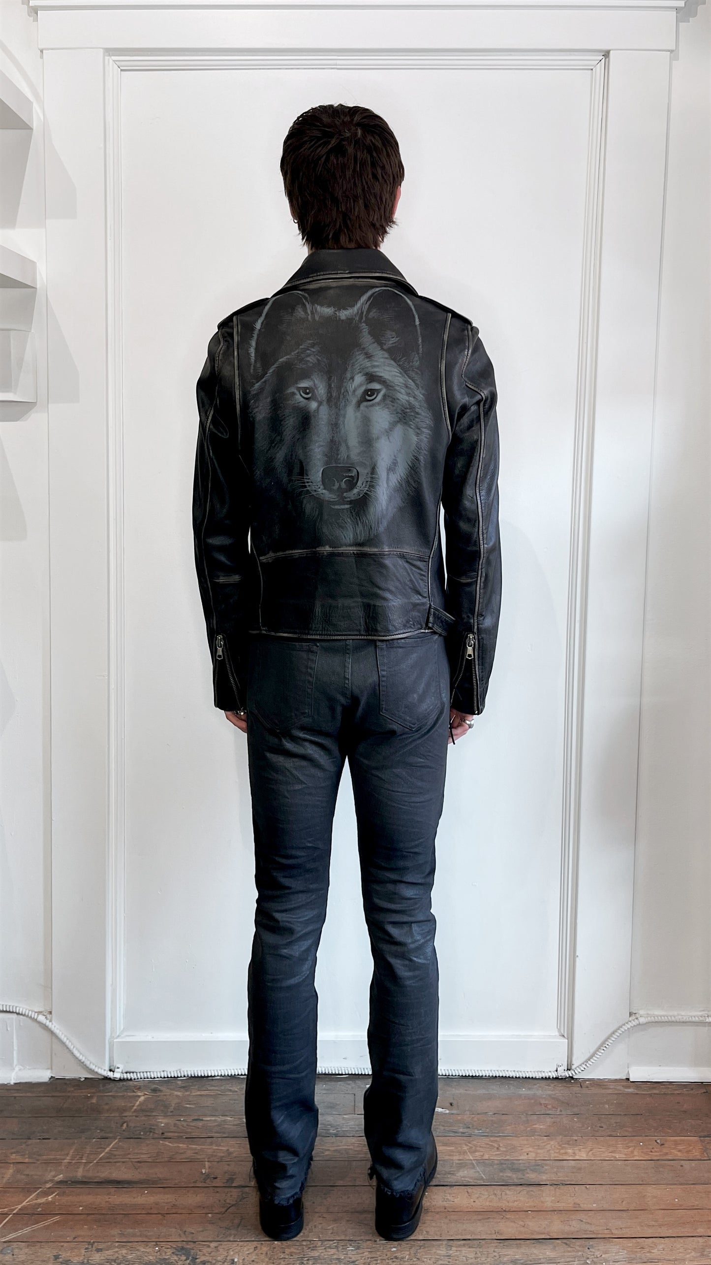 Diesel Faded Black Wolf Graphic Lambskin Leather Jacket Large