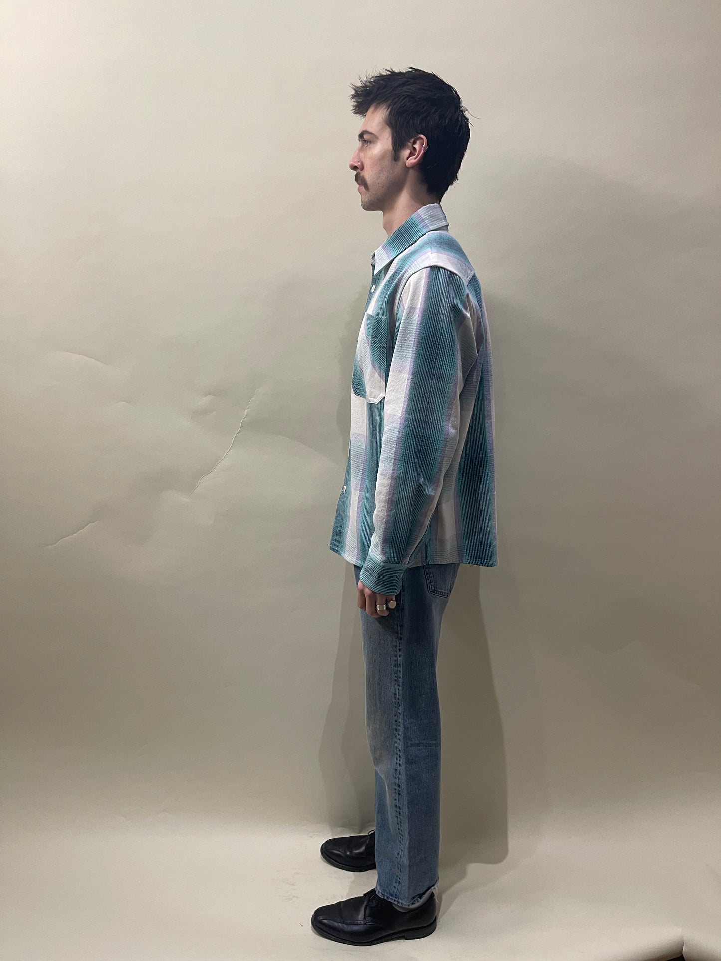 A.P.C. White, Lilac, Teal Plaid Cotton Blend Basile Overshirt Medium - M