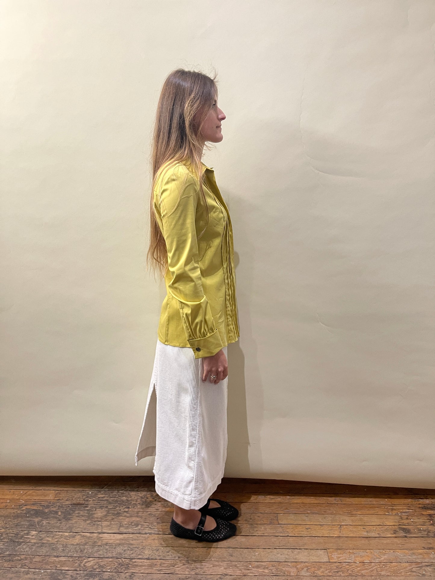 Gucci Yellow-Green Pleated Front LS Button Up Shirt 40