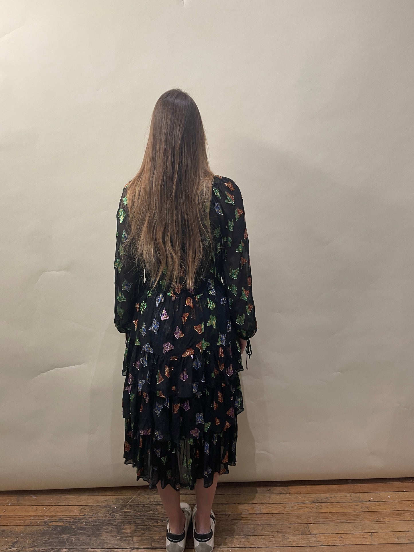 The Kooples Black & Multicolour Butterfly Motif Sheer Silk Dress Medium - M