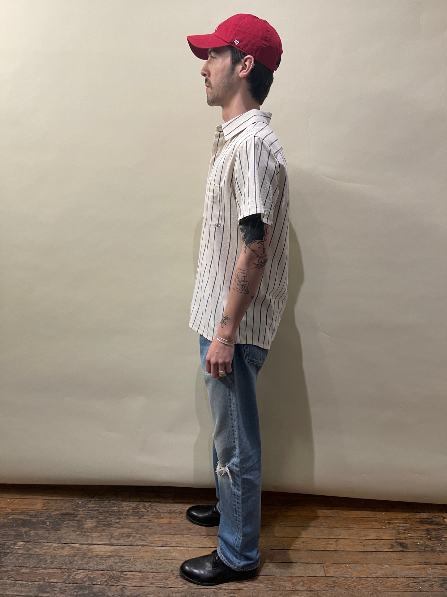 A.P.C. Bone & Blue Striped Textured Cotton SS Button Up Shirt Small - S