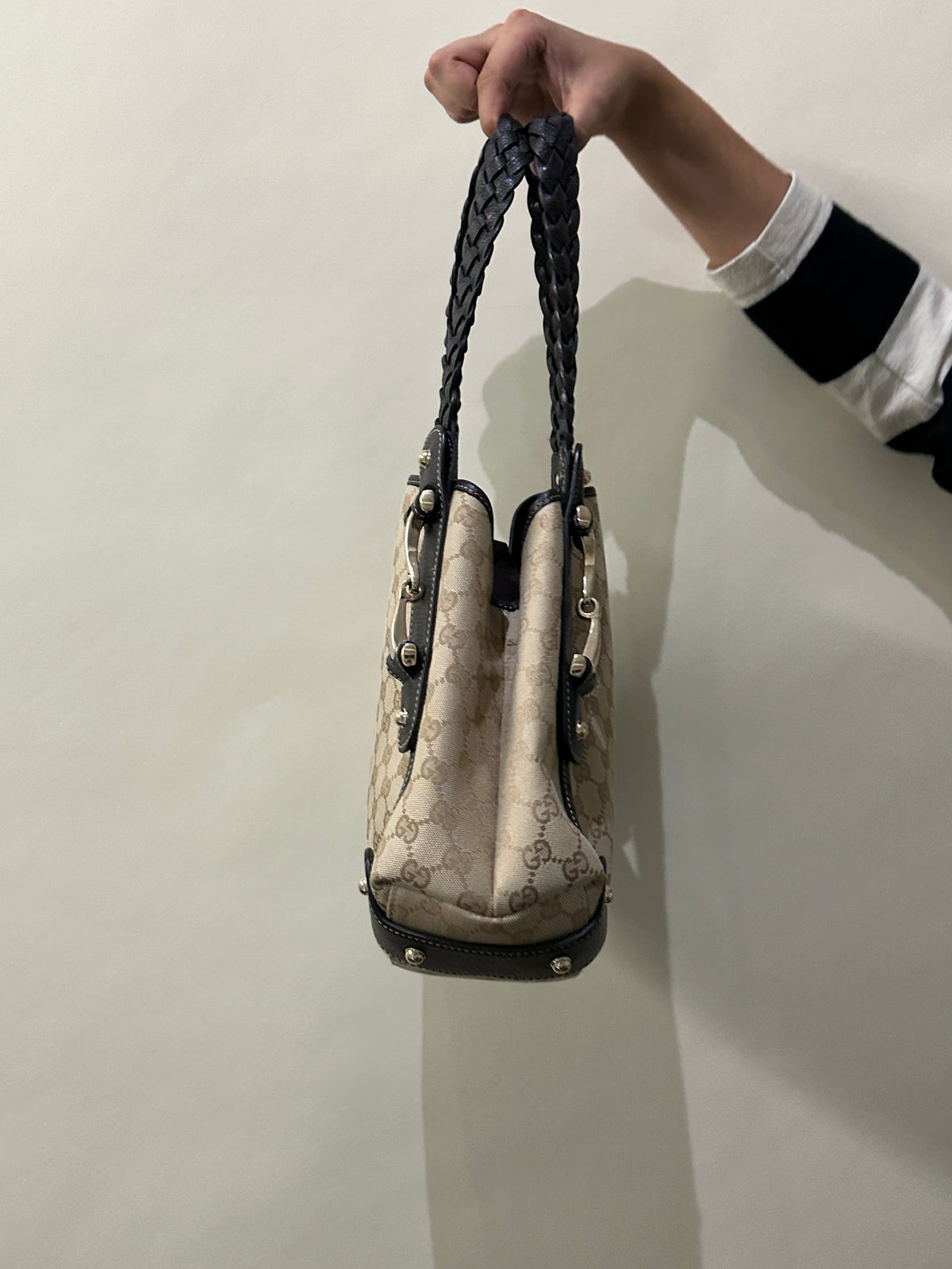Gucci Dark Brown Leather & Canvas Monogram Pelham Bag