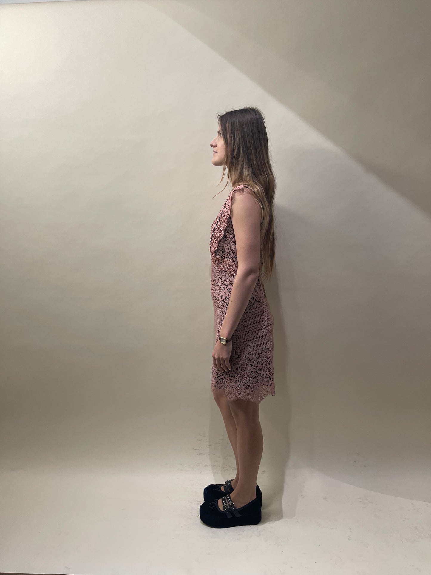 Pinko Light Pink Lace & Grommet Midi Dress Medium - M