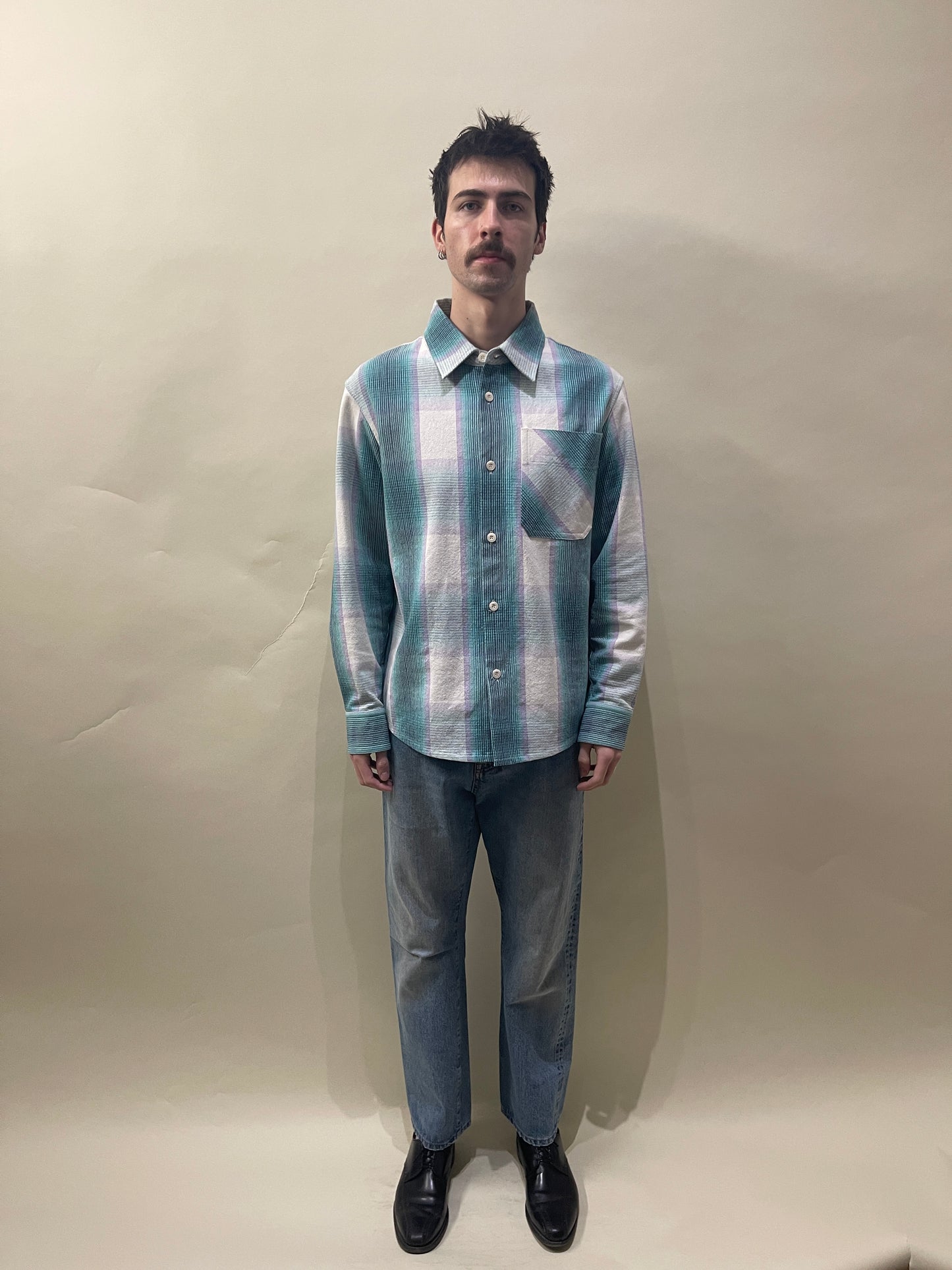 A.P.C. White, Lilac, Teal Plaid Cotton Blend Basile Overshirt Medium - M