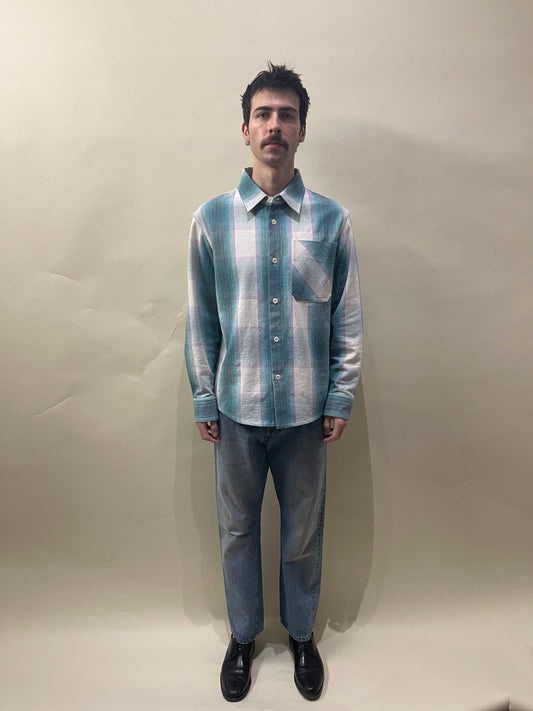 A.P.C. White, Lilac, Teal Plaid Cotton Blend Basile Overshirt Medium - M