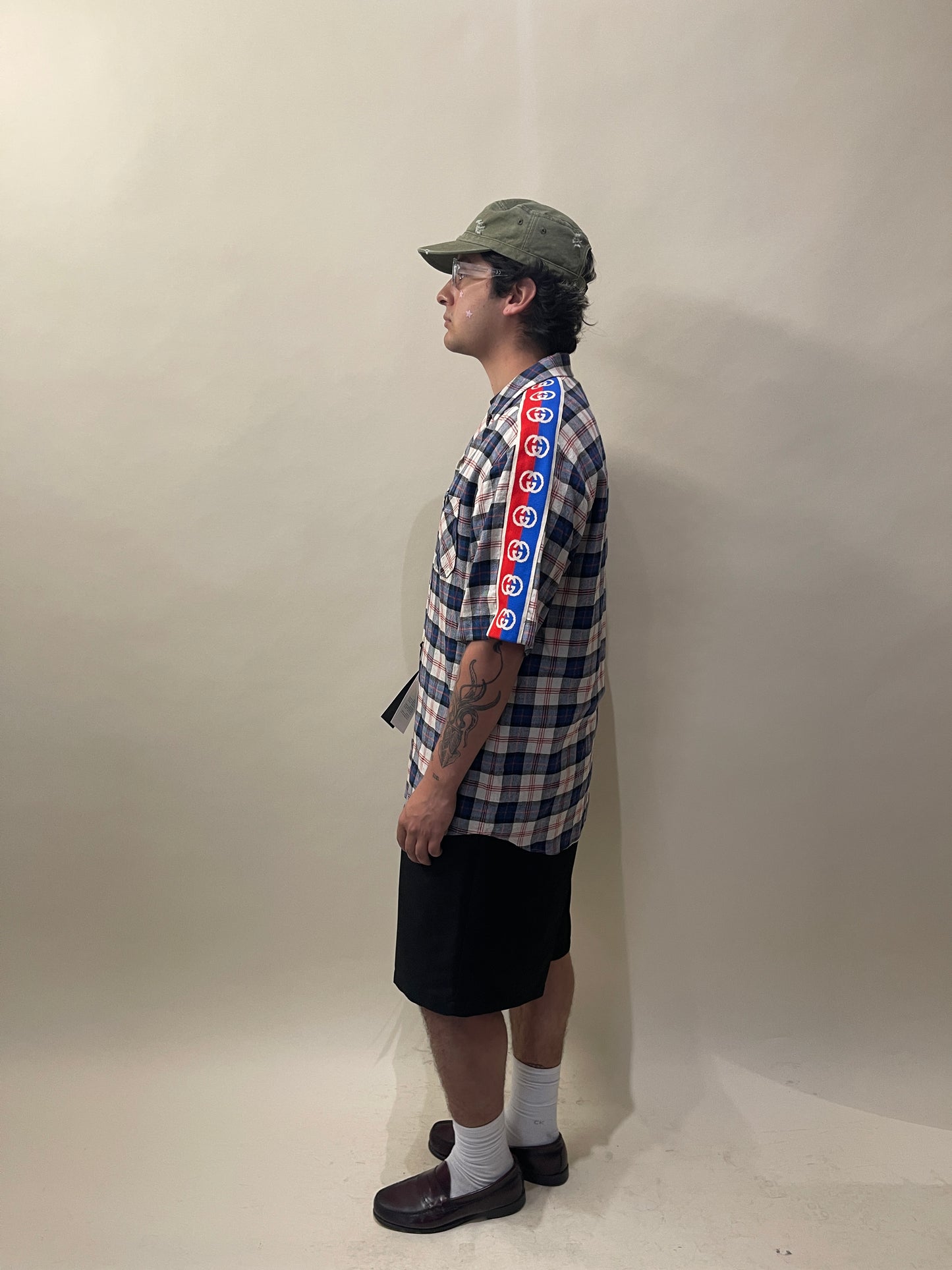 Gucci Blue, Red, & Cream Plaid SS Striped Shoulder Flannel 48