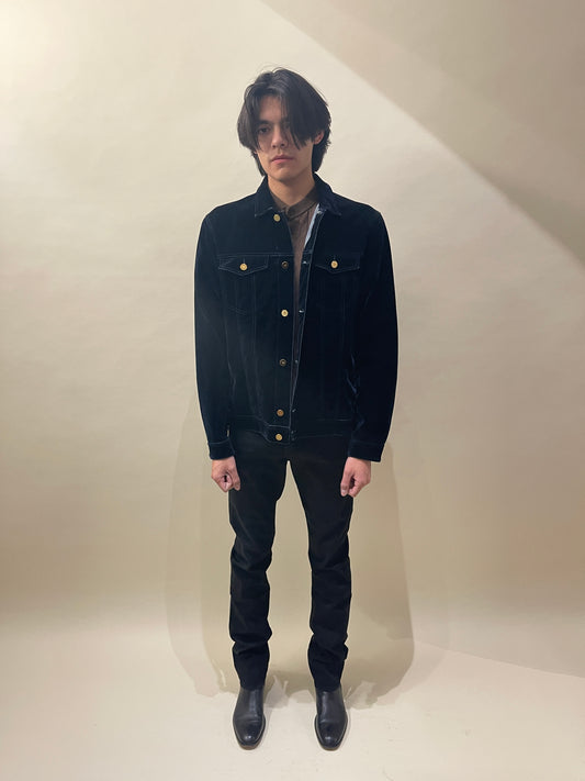 Emporio Armani Midnight Blue Stretch Velvet Trucker Jacket 46