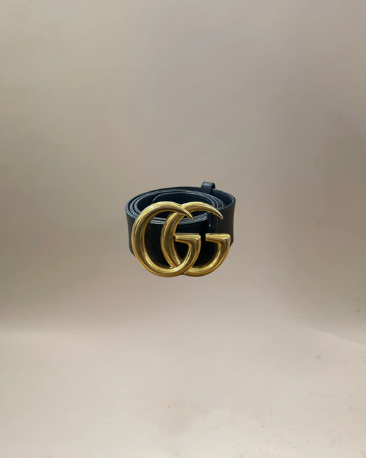 Gucci Black & Gold GG Logo 1.5" Leather Belt 30