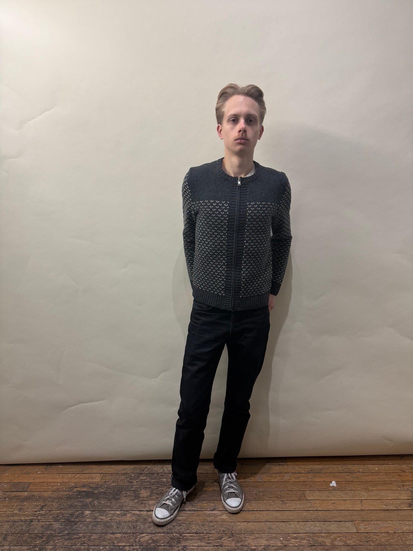 Steven Alan Dark Grey & White Fair Isle Pattern Knit Zip Up Sweater Extra Small - XS