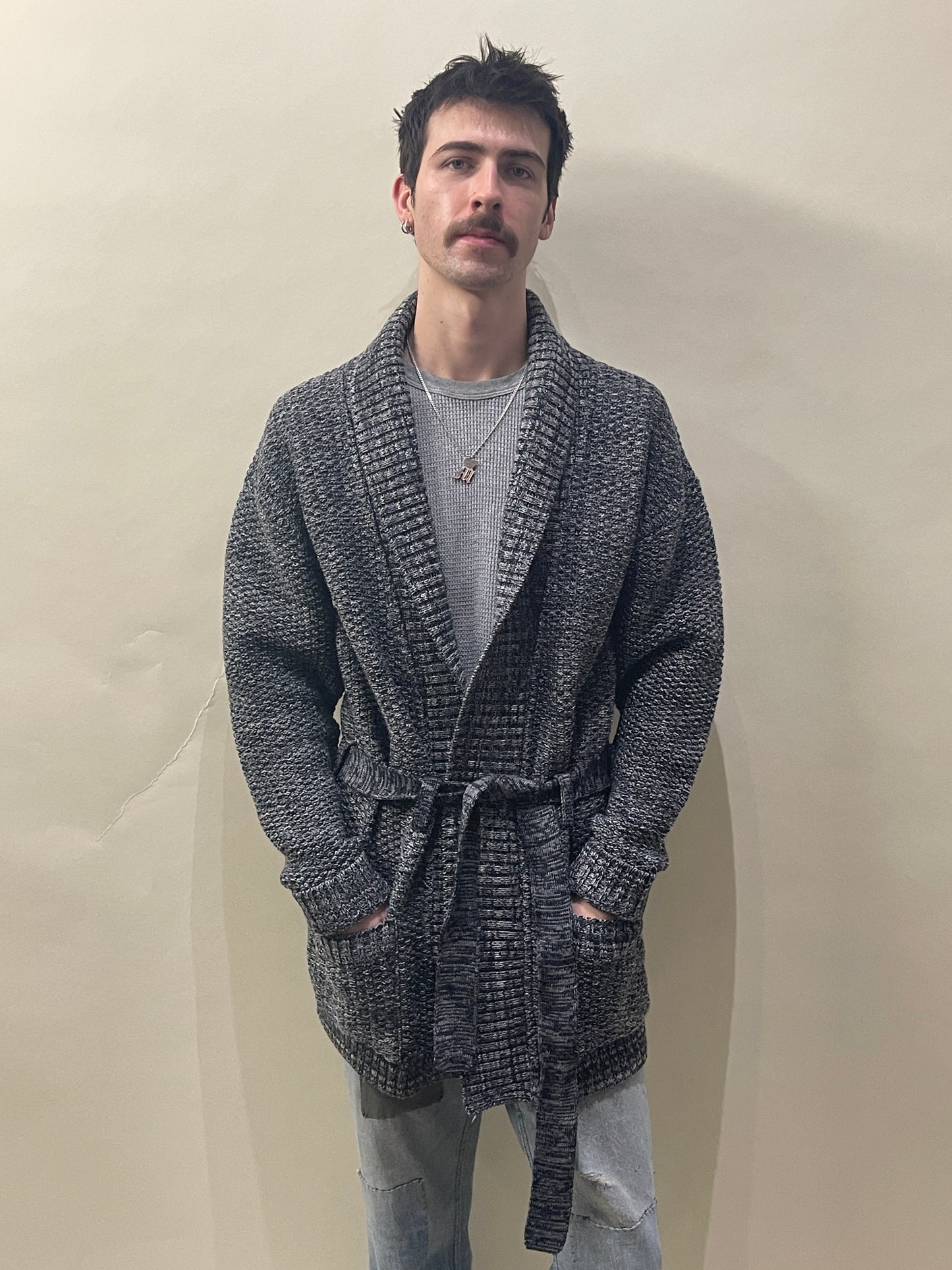 Bleu De Paname Blue & White Melange Wool Belted Cardigan Large - L