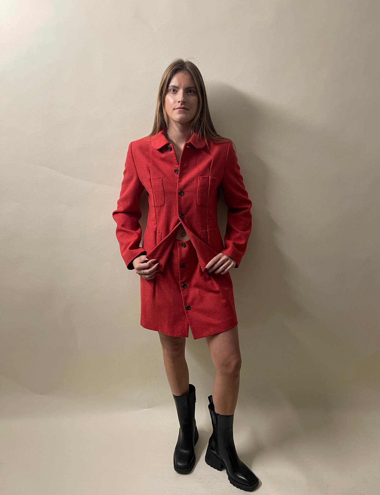 Comme Des Garcons Red Wool Blend Jacket & Skirt Dress Small - S