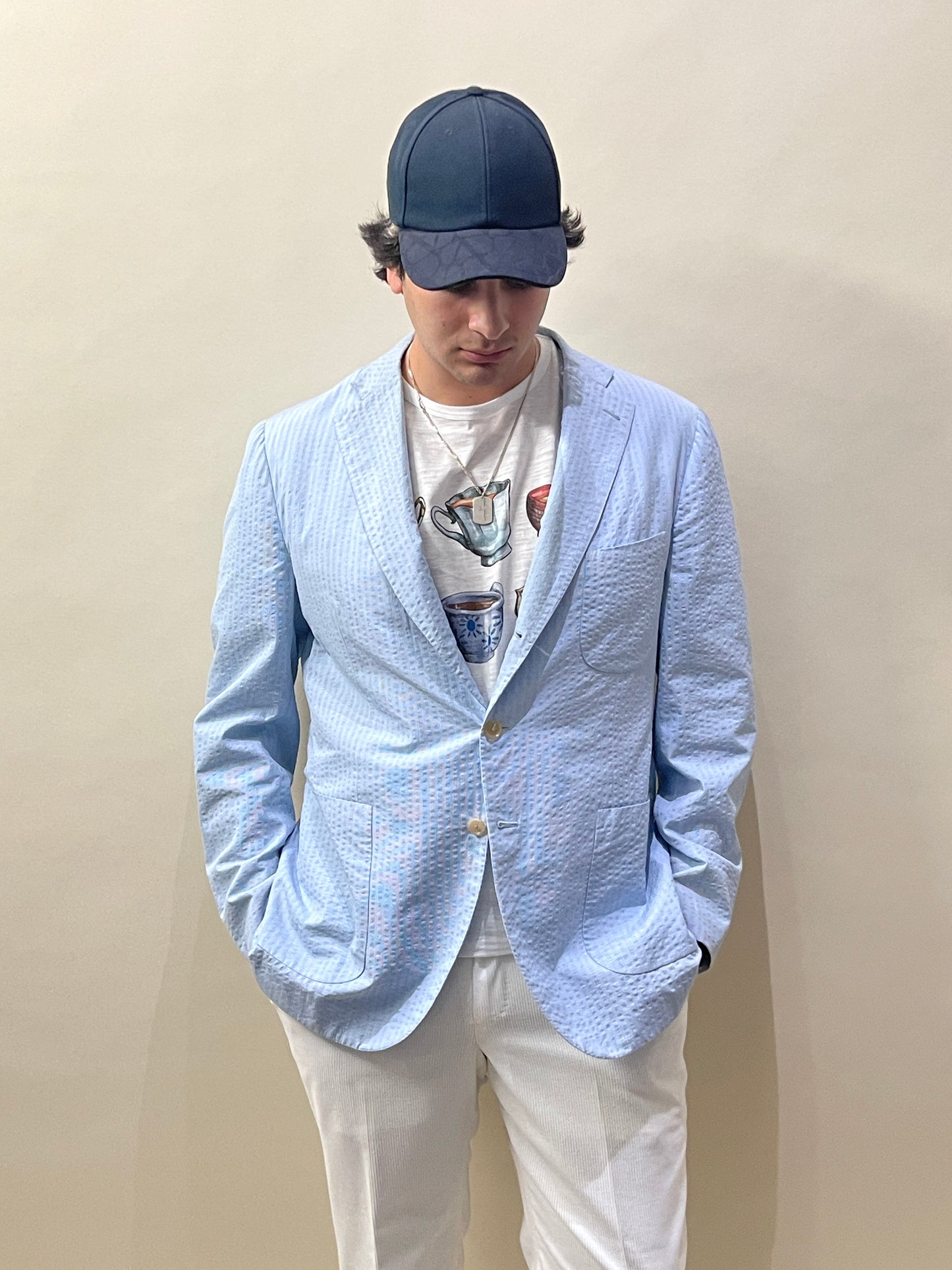 Isaia Light Blue & White Striped Seersucker Cotton Sport Coat 44