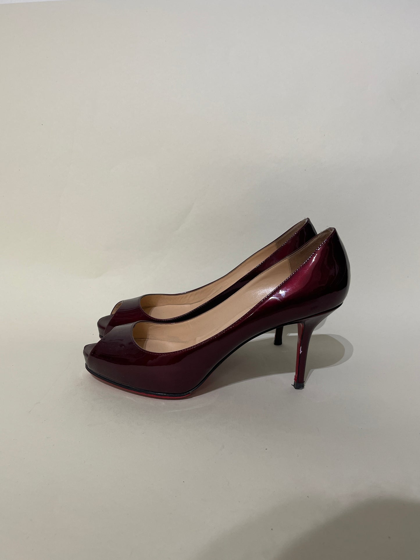 Christian Louboutin Dark Burgundy Patent Leather Prive Peep Toe Pumps 7 M / 8.5 W