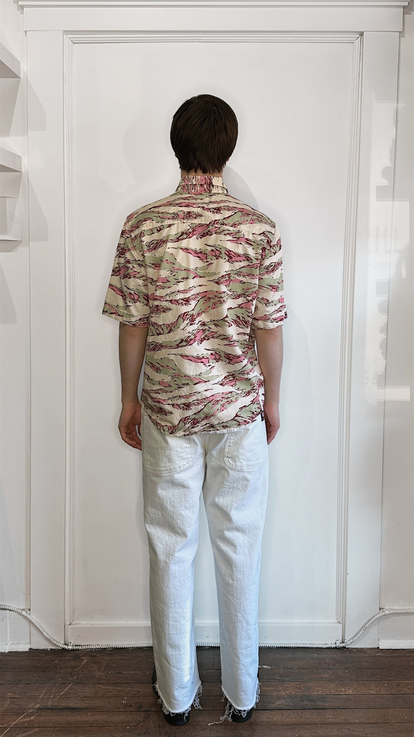 Diesel Cream, Pink, & Green Tiger Camo SS Button Up Shirt Small