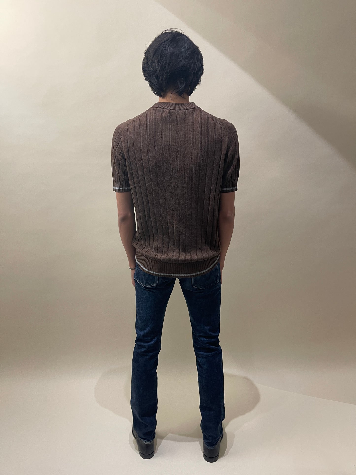 Brunello Cucinelli Dark Brown Cotton Ribbed Knit Crewneck SS Henley 40