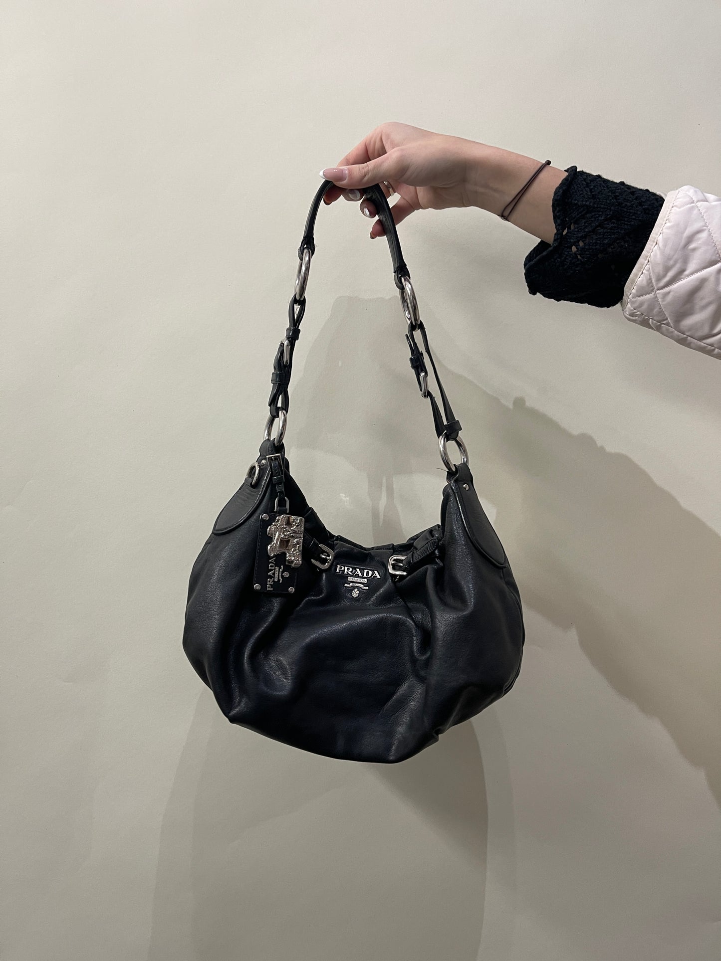 Prada Black Pleated Leather Hobo Bag