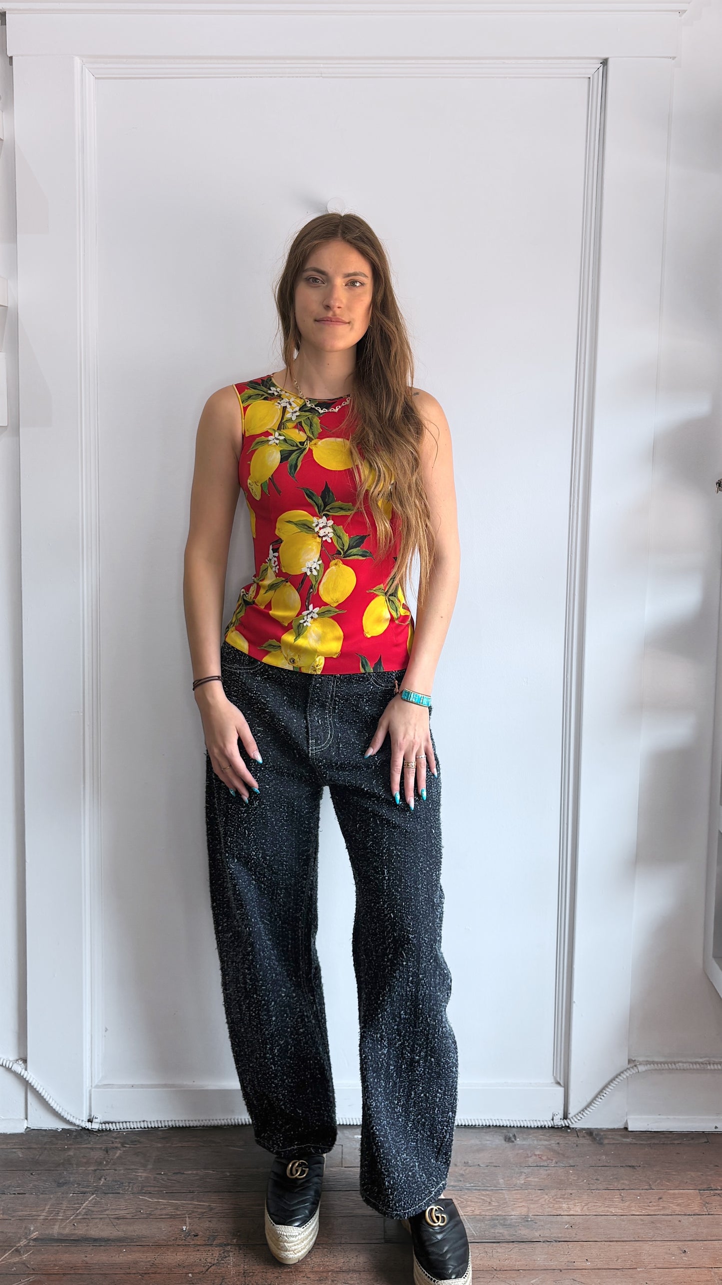 Dolce & Gabbana Red & Yellow Lemon Motif Silk Blend Tank Top Medium