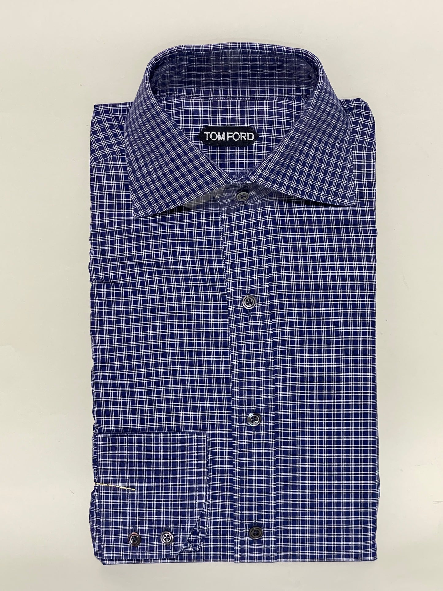 Tom Ford Navy Blue & White Grid Pattern Dress Shirt 15.5