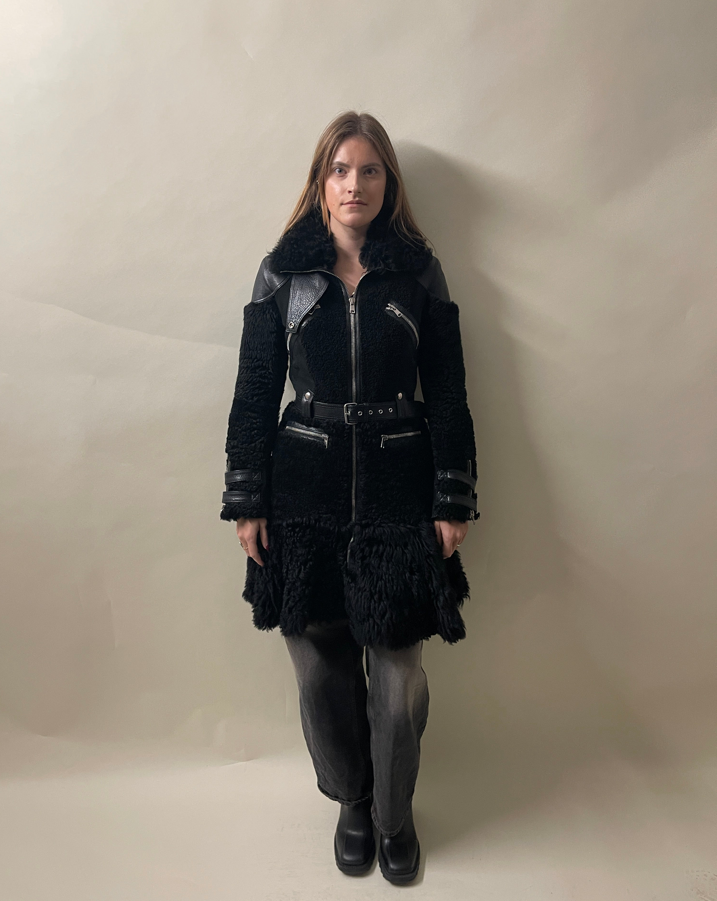 Alexander McQueen Black Buffalo Leather & Shearling Belted Overcoat 42