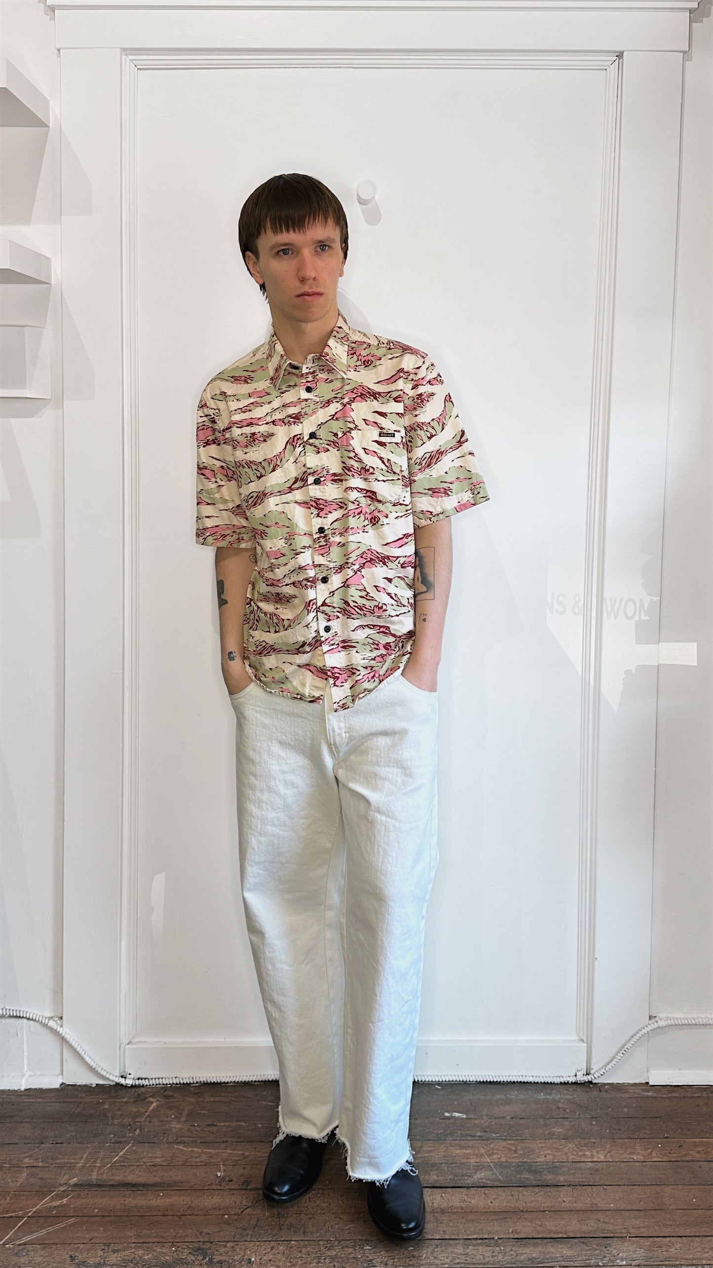 Diesel Cream, Pink, & Green Tiger Camo SS Button Up Shirt Small