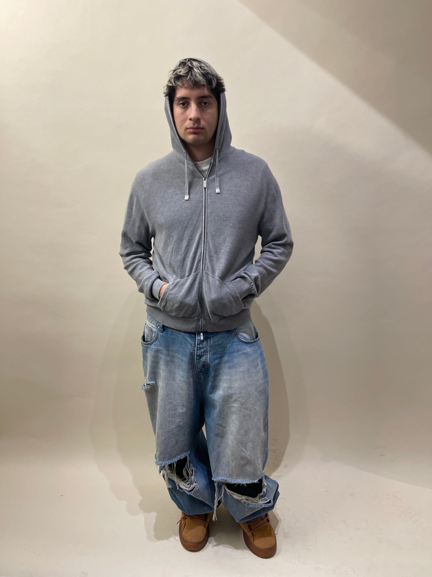 Maurizio Baldassari Light Grey Wool Knit Zip Up Hoodie Extra Large - XL