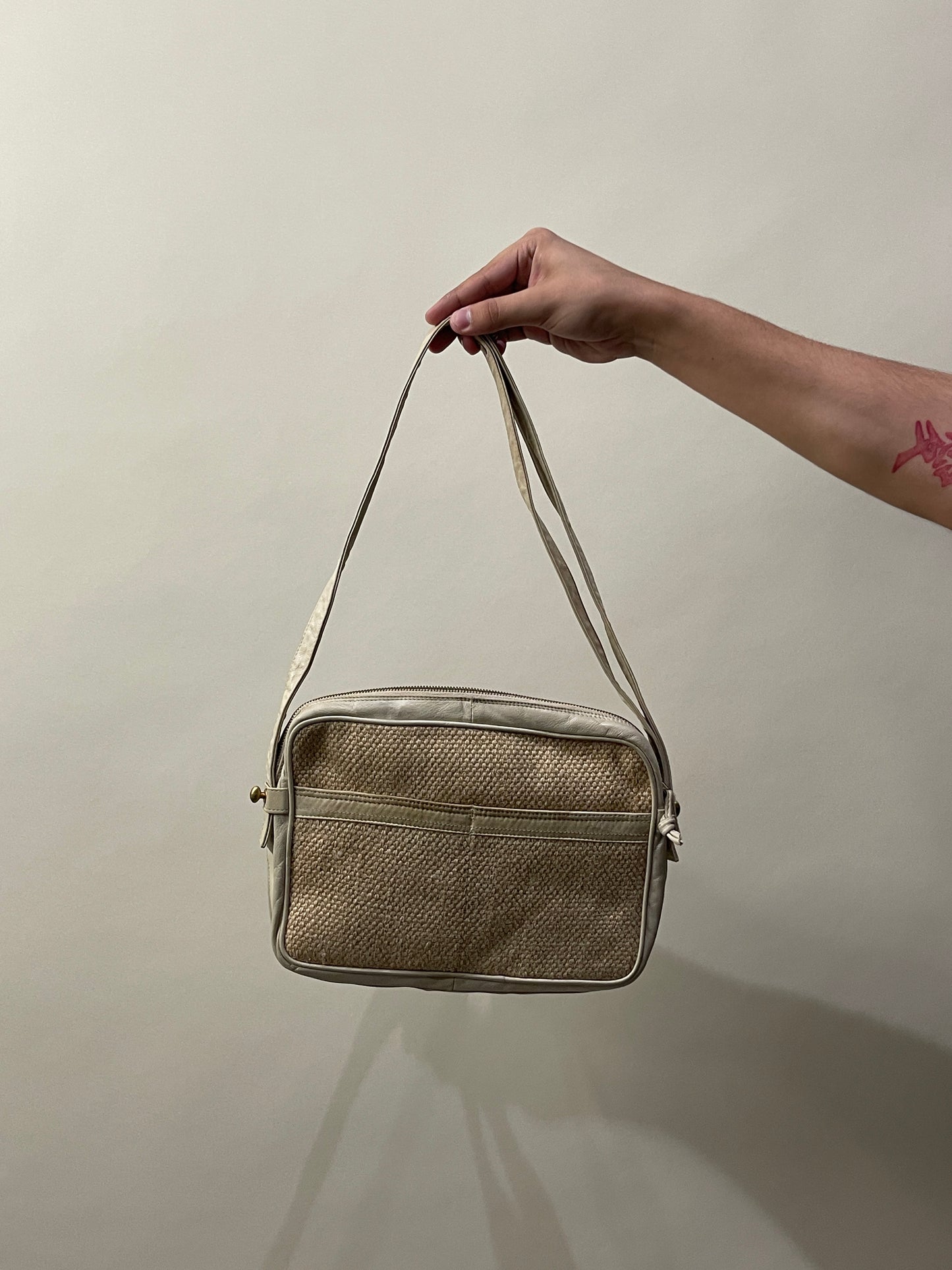 Bottega Veneta Beige Straw & Natural Leather Crossbody Bag