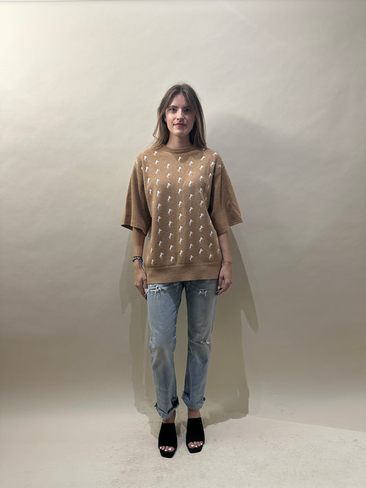 Chloé Camel Wool Blend Horse Knit SS Sweater Extra Small - XS
