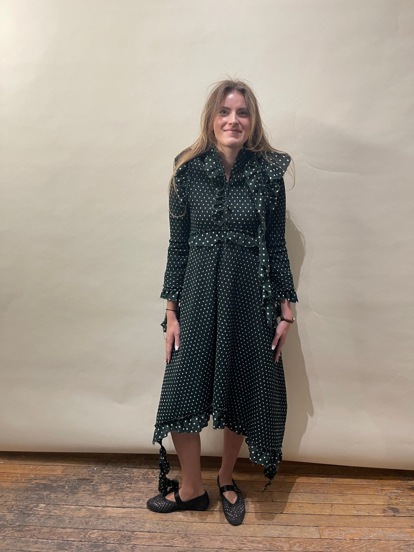 Vetements Green & White Polka Dot Poly Seersucker Dress Small - S