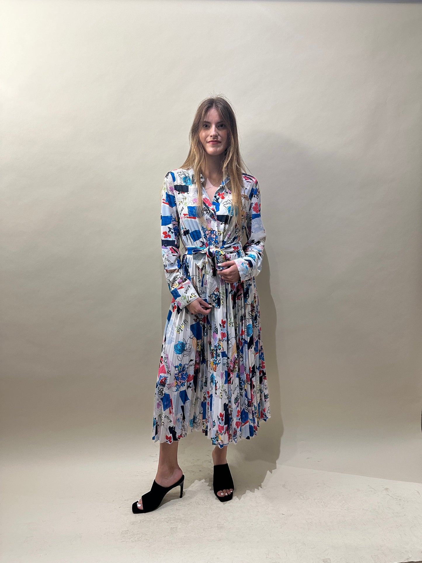 Marella White & Multicolour Sketch Graphic LS Dress Extra Large - XL