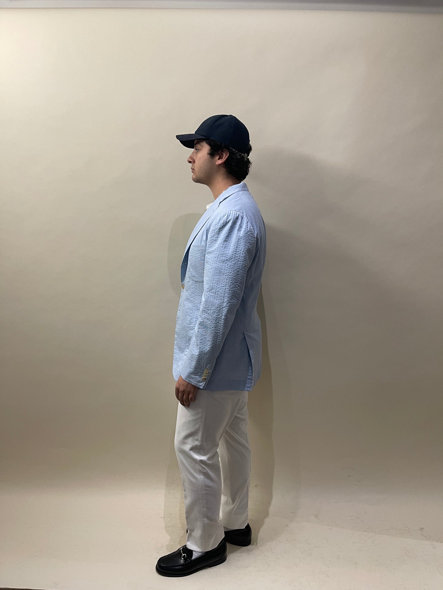 Isaia Light Blue & White Striped Seersucker Cotton Sport Coat 44