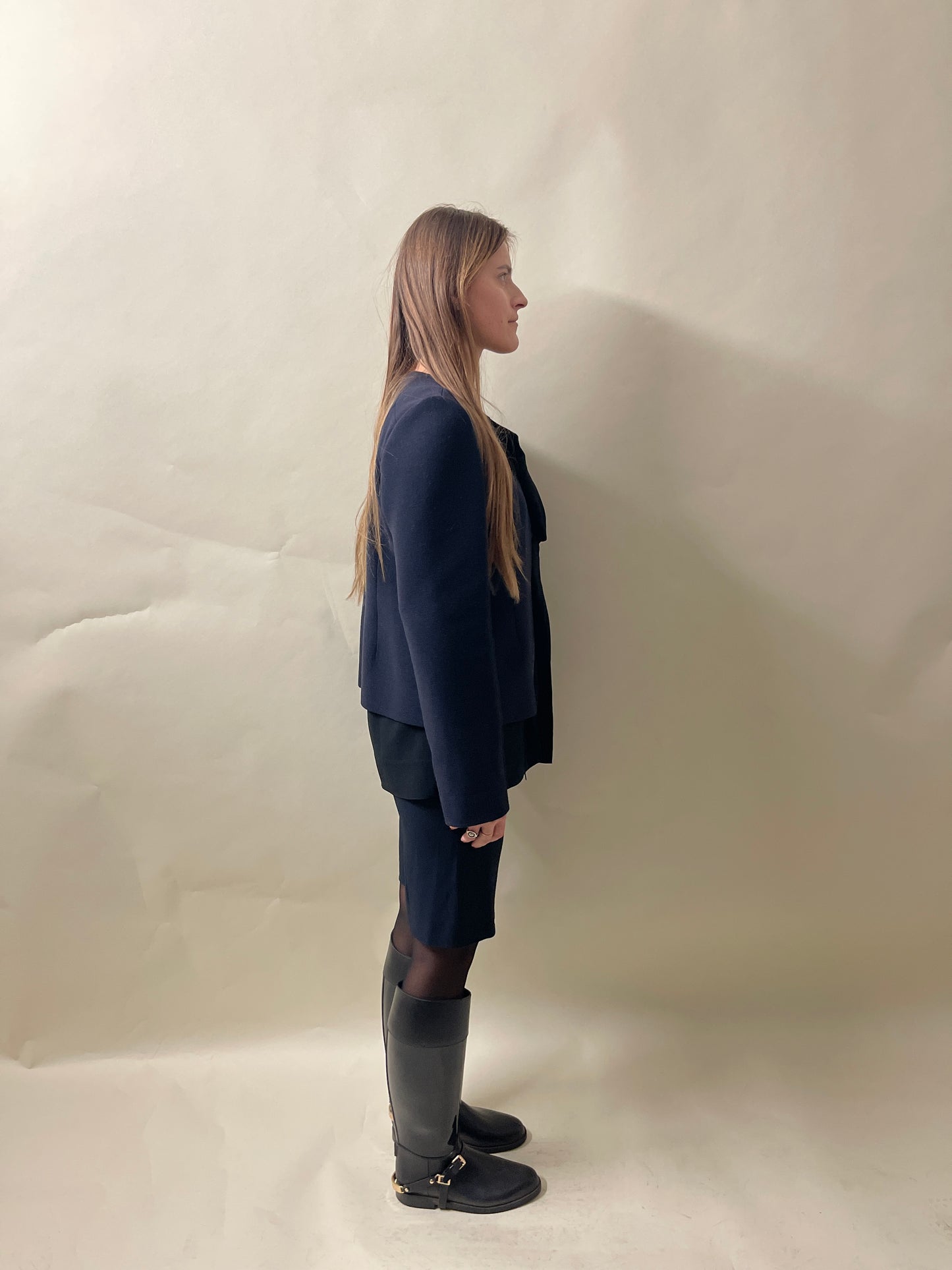 Marni Navy Blue Wool Blend Layered Collarless Jacket 44