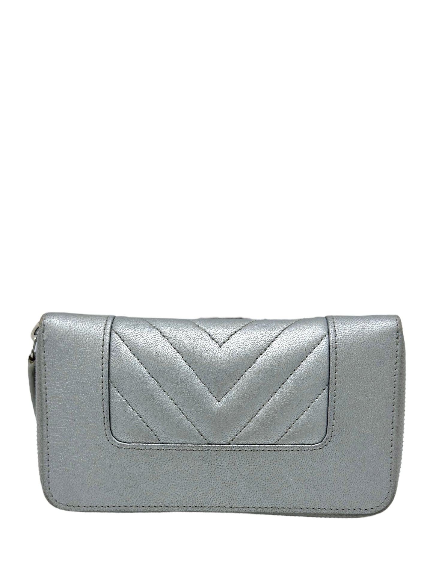 Chanel Silver Lambskin Chevron Quilted Mademoiselle Wallet