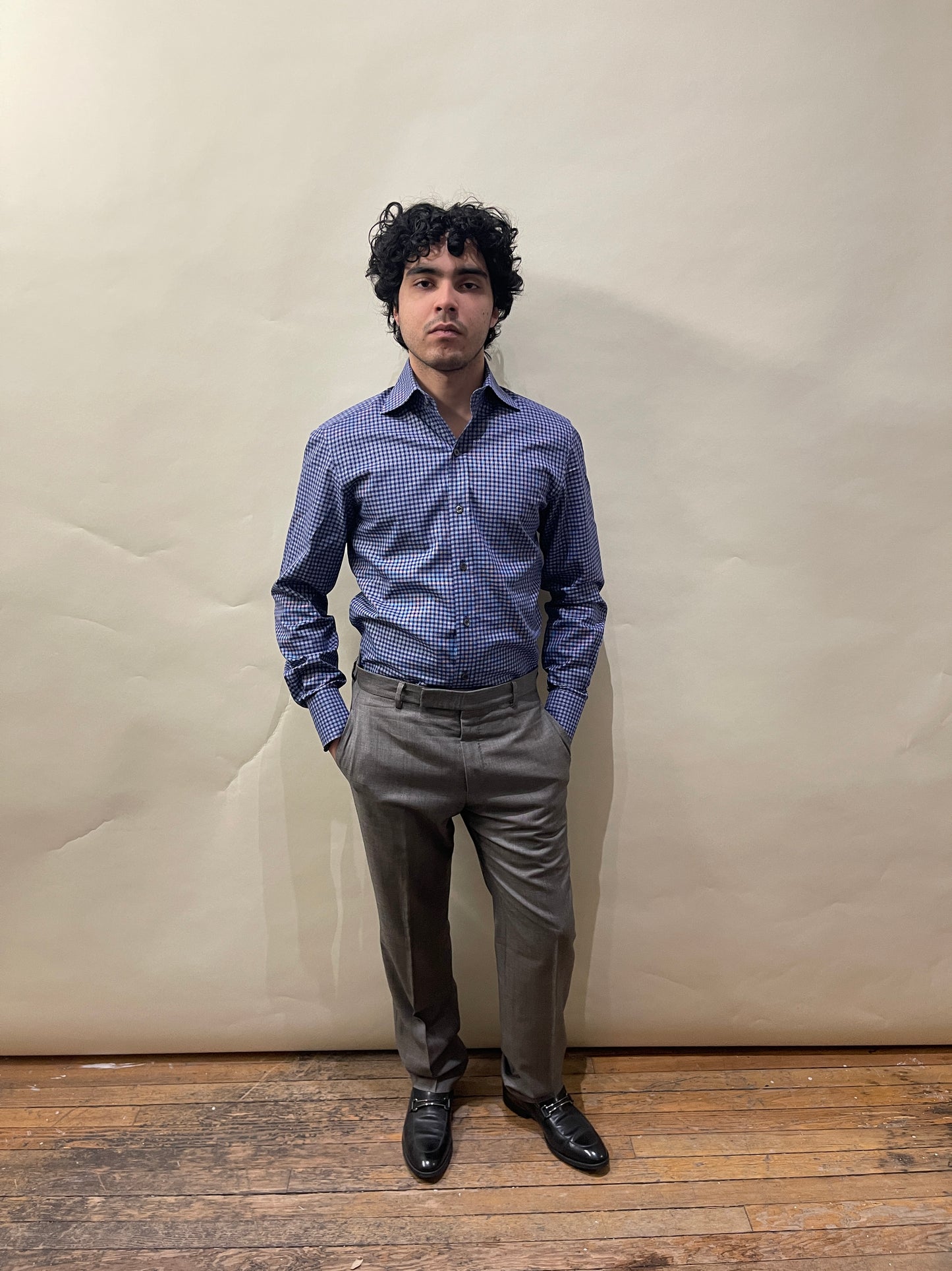 Tom Ford Navy Blue & White Grid Pattern Dress Shirt 15.5