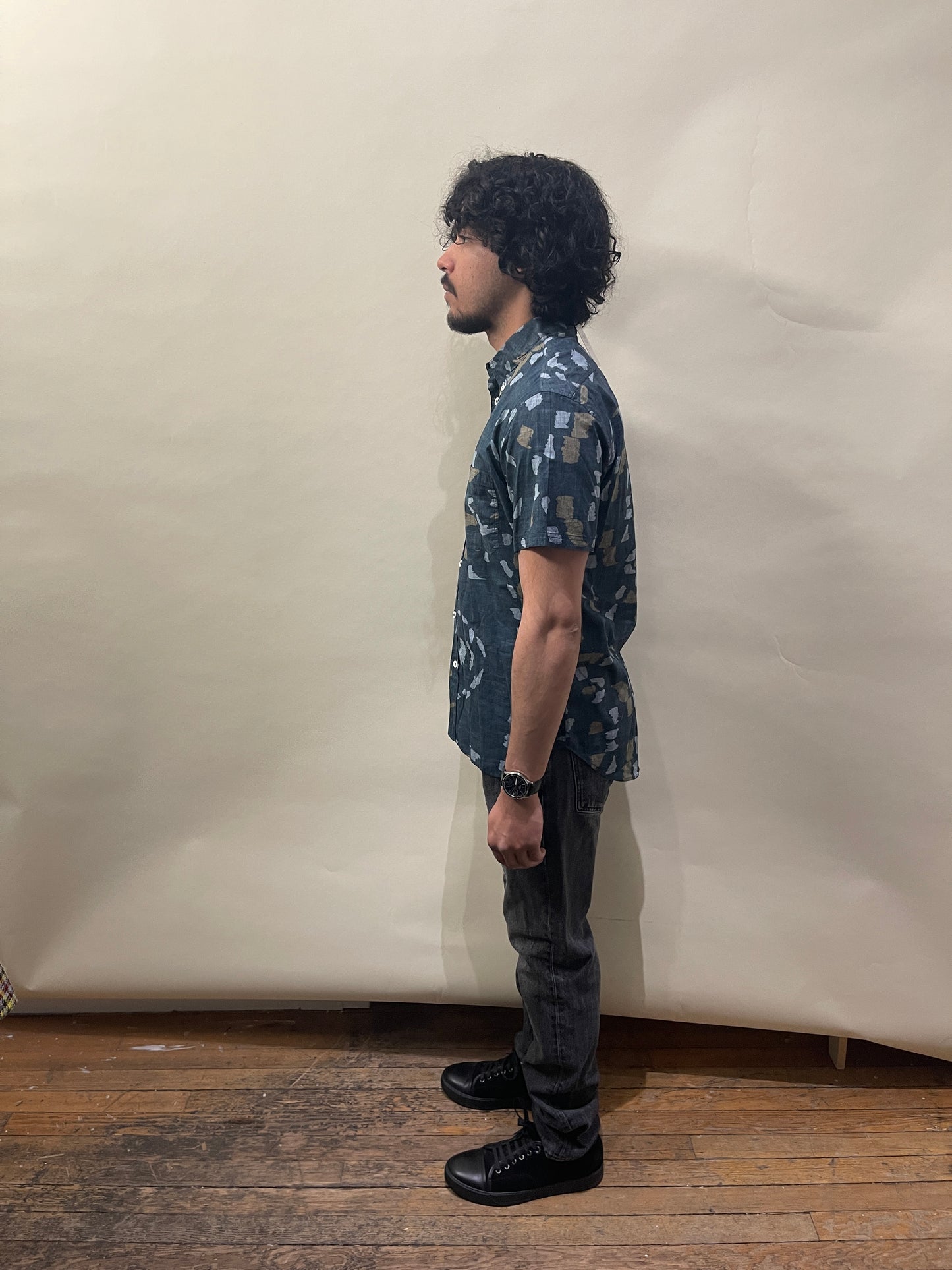 Billy Reid Indigo Camo-esque Pattern SS Button Up Shirt Small - S