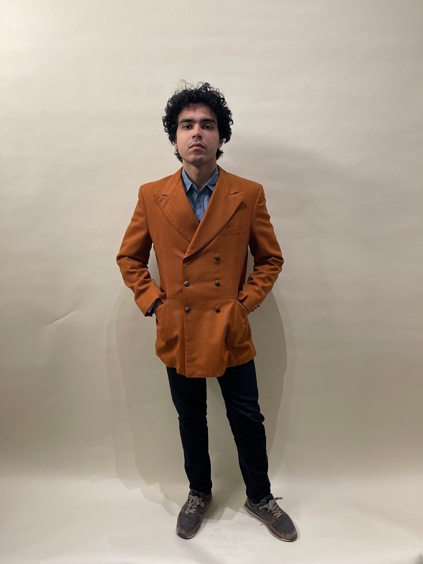 The Klothes Kloset Burnt Orange & Blue Striped Wool DB Sport Coat 38L