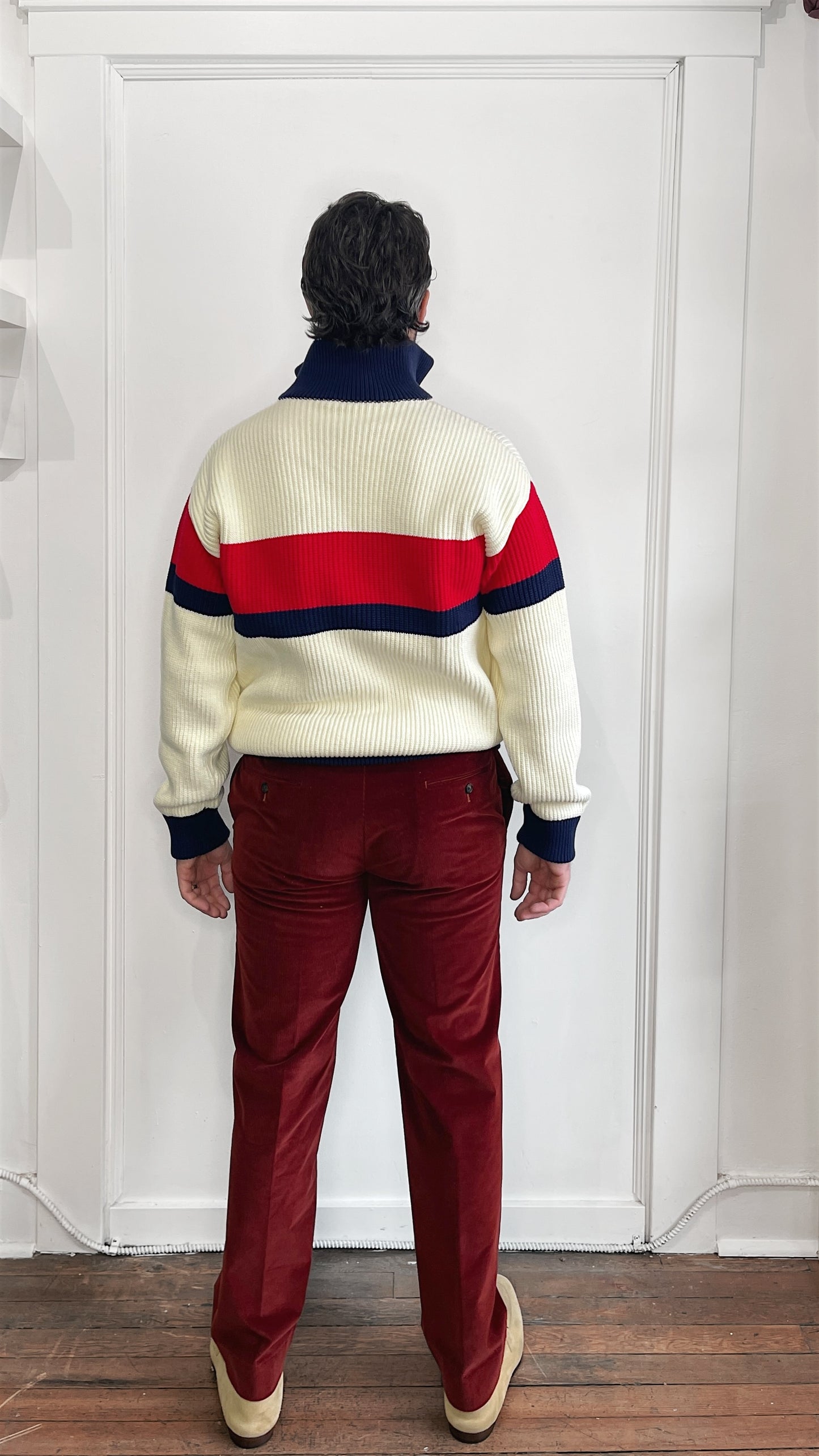 Gucci Cream, Red, & Navy Heavyweight Knit Zip Up Sweater Large